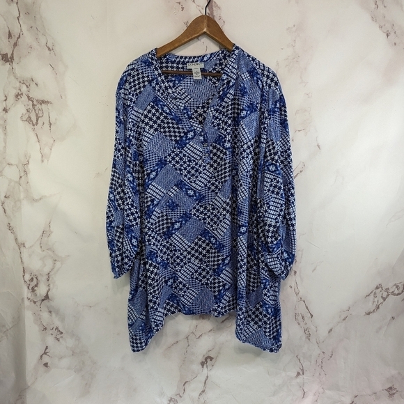 Catherines Shirt Womens 3X 26 28 Blue Blouse Popover Gingham Patchwork Picnic - Picture 1 of 11